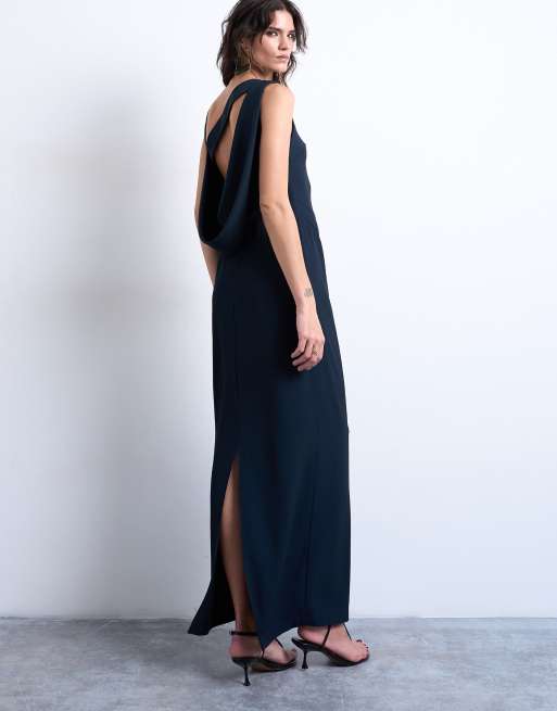 Topshop – Marinblå maxiklänning med drapering baktill och båtringning, 2 av 4