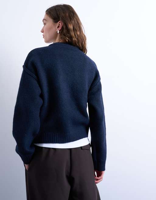 Topshop – Marinblå, stickad tröja med rund halsringning, boxig passform och vida ärmar, 2 av 4