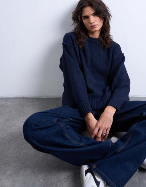 Topshop – Marinblå, stickad tröja med stilrena, synliga sömmar - view 1