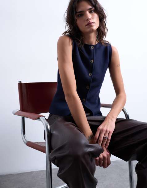 Topshop – Marinblå, tätstickad kostymväst - view 1