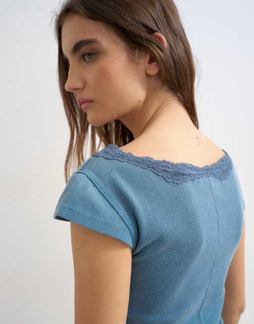 Topshop – Marinblå, tvättad topp med holkärmar och spetskant, 3 av 4