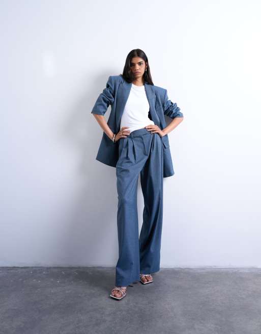 Topshop – Marinblå, vida byxor med veck, del av set