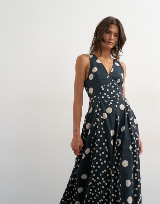 Topshop - Marineblå maxikjole med dyb V-hals og polkaprikker, 4 af 4