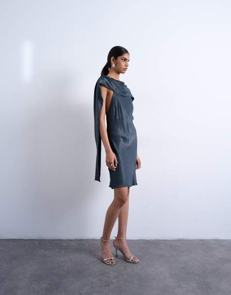 Topshop - Marineblå minikjole i satin med tørklædedetalje - view 1