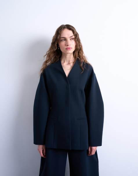 Topshop - Marineblå og struktureret blazer uden krave - view 1