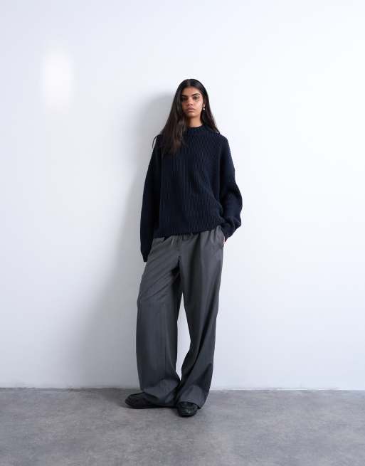 Topshop - Marineblå ribstrikket trøje med bred hals, 2 af 4