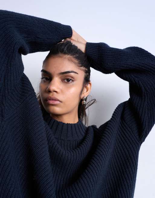 Topshop - Marineblå ribstrikket trøje med bred hals, 3 af 4