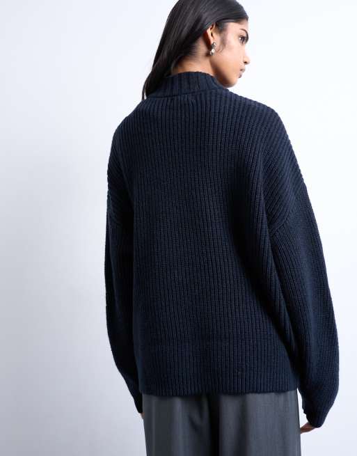 Topshop - Marineblå ribstrikket trøje med bred hals, 4 af 4