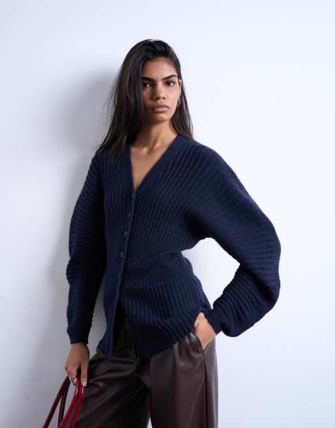 Topshop - Marineblå strikket cardigan med cocoon-ærmer og indsyet talje - view 1