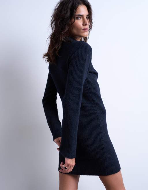Topshop - Marineblå strikket minikjole med rund hals og knapper, 2 af 4