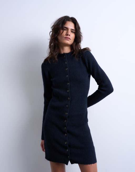Topshop - Marineblå strikket minikjole med rund hals og knapper, 3 af 4