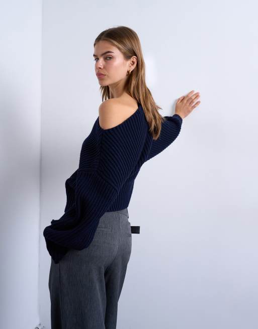 Topshop - Marineblå strikket trøje med skrå hals, 3 af 4