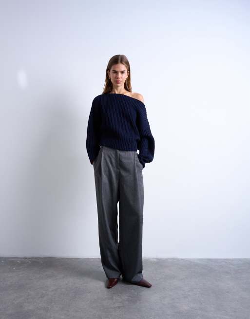Topshop - Marineblå strikket trøje med skrå hals, 4 af 4