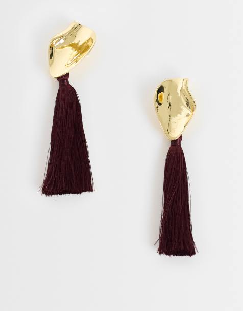 Topshop markante Quastenohrringe mit Nieten in Burgunderrot und Gold - view 1