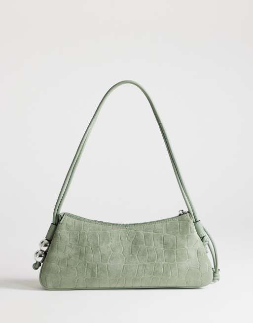 Topshop - Marley - Borsa da spalla piccola verde in camoscio effetto coccodrillo, 4 di 4