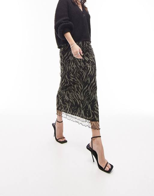 Topshop – Marszczona bezszwowa spódnica midi w zwierzęcy wzór w neutralnym kolorze 