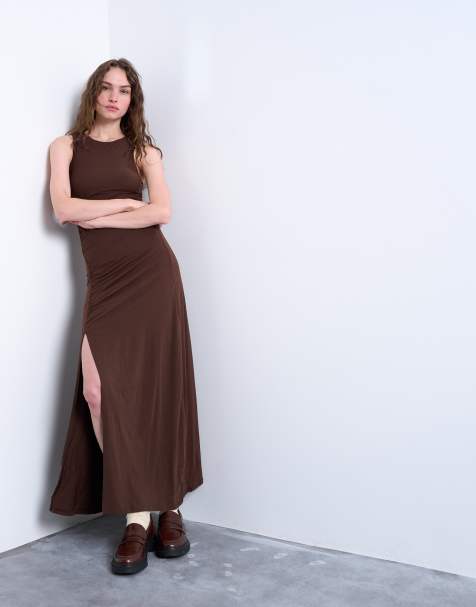 Topshop ruched maxi dress in chocolate brown