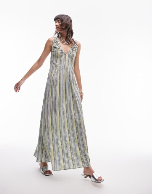 Topshop – Marszczona na dekolcie sukienka maxi w zielone paski