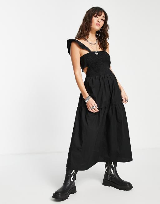 Topshop – Marszczona popelinowa sukienka z bawełny w kolorze czarnym – BLACK