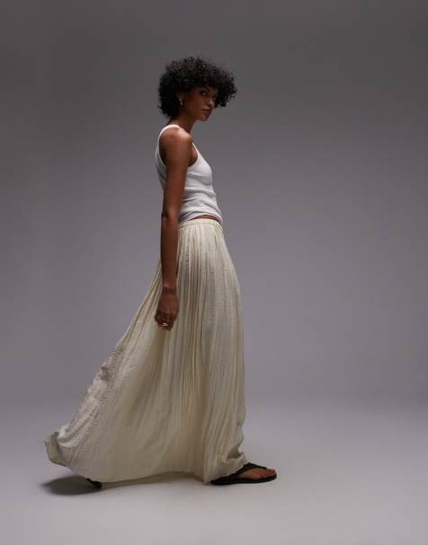 Topshop shirred waist crinkle full skirt in natural