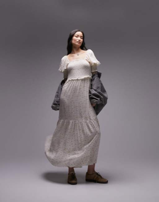 Topshop – Marszczona sukienka midi z krótkimi rękawami w pomarańczowy kwiatowy wzór