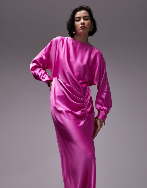 Topshop – Marszczona z przodu sukienka midi w kolorze magenta