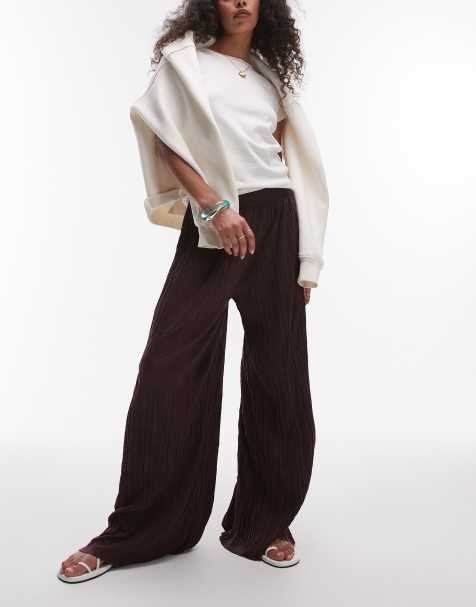 Topshop crinkle wide leg trousers in burgundy