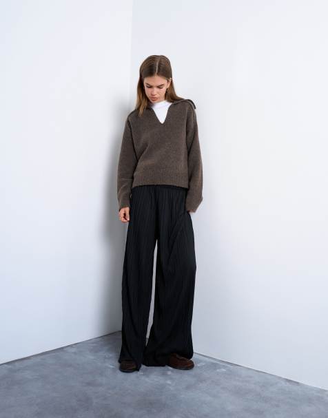 Topshop crinkle wide leg trousers in black