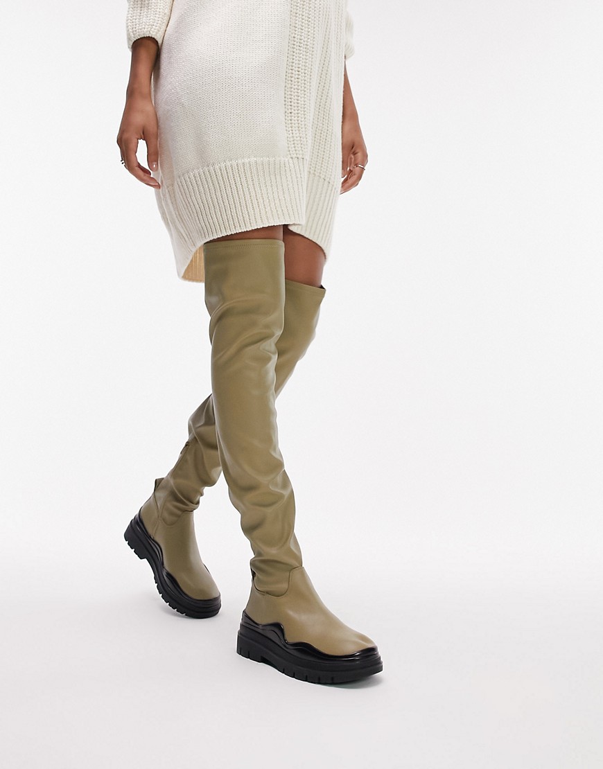 Topshop Martha Over The Knee Stretch Boots In Olive-green