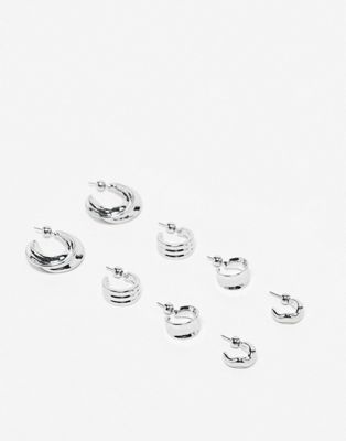 Topshop Martha pack of 4 mixed hoop earrings in silver tone