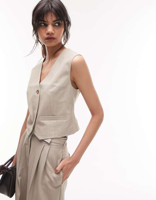 Topshop – Maskuline, schmal zulaufende Hose in meliertem Beige, Kombiteil