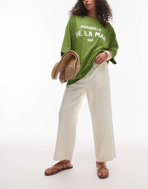 Topshop mid rise linen awkward length trouser in buttermilk