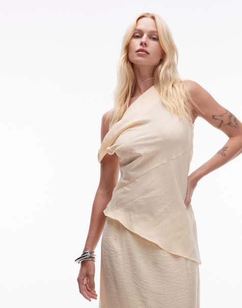 Topshop super soft cupro twist detail assymetric top in buttermilk