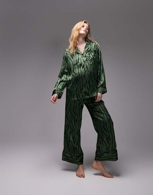 Topshop Maternity abstract tiger print satin piped shirt and pants pajama set in green