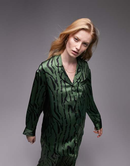 Topshop Maternity Abstract Tiger Print Satin Piped Shirt And Trouser Pyjama  Set In Green for Women