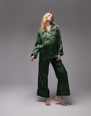 Topshop Maternity abstract tiger print satin piped shirt and trouser pyjama set in green