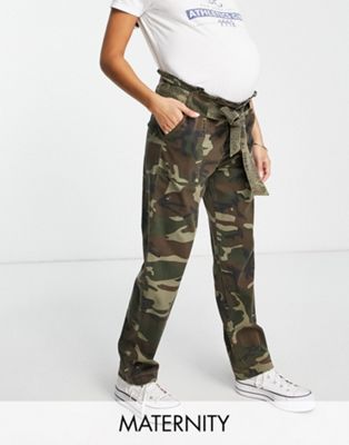 Topshop Maternity belted high waisted trousers in camo-Green