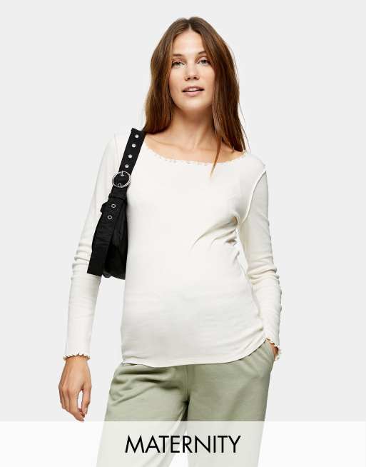 Topshop Maternity – Biały T-shirt z długim rękawem i karbowanym wykończeniem