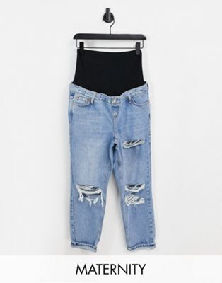 Topshop Maternity bleach ripped Mom jeans - ASOS Price Checker