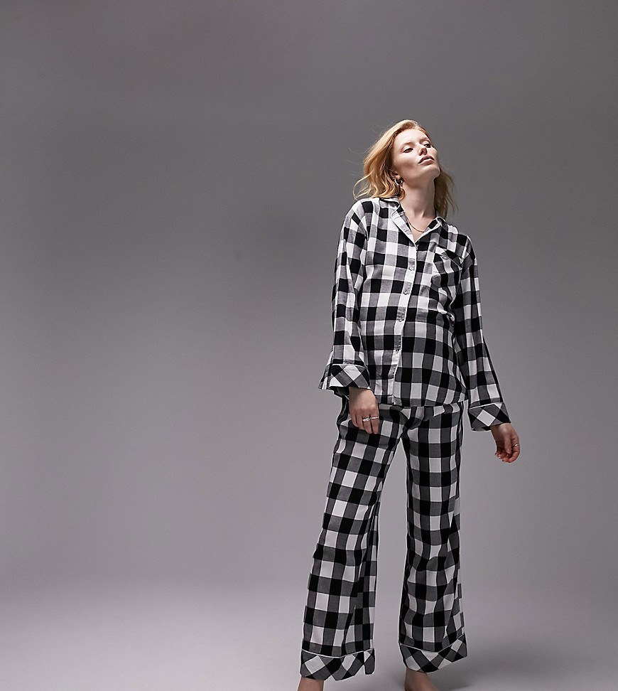 Topshop Maternity brushed check piped shirt and pants pajama set in monochrome-Multi
