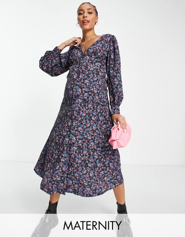 Topshop Maternity floral print button down midi tea dress in Multi