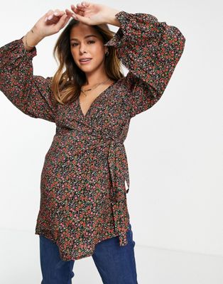 Topshop maternity floral wrap blouse in multi