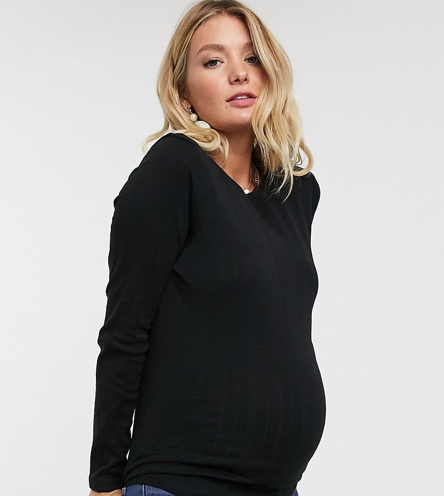 Topshop Maternity - Geribbeld T-shirt met lange mouwen in zwart