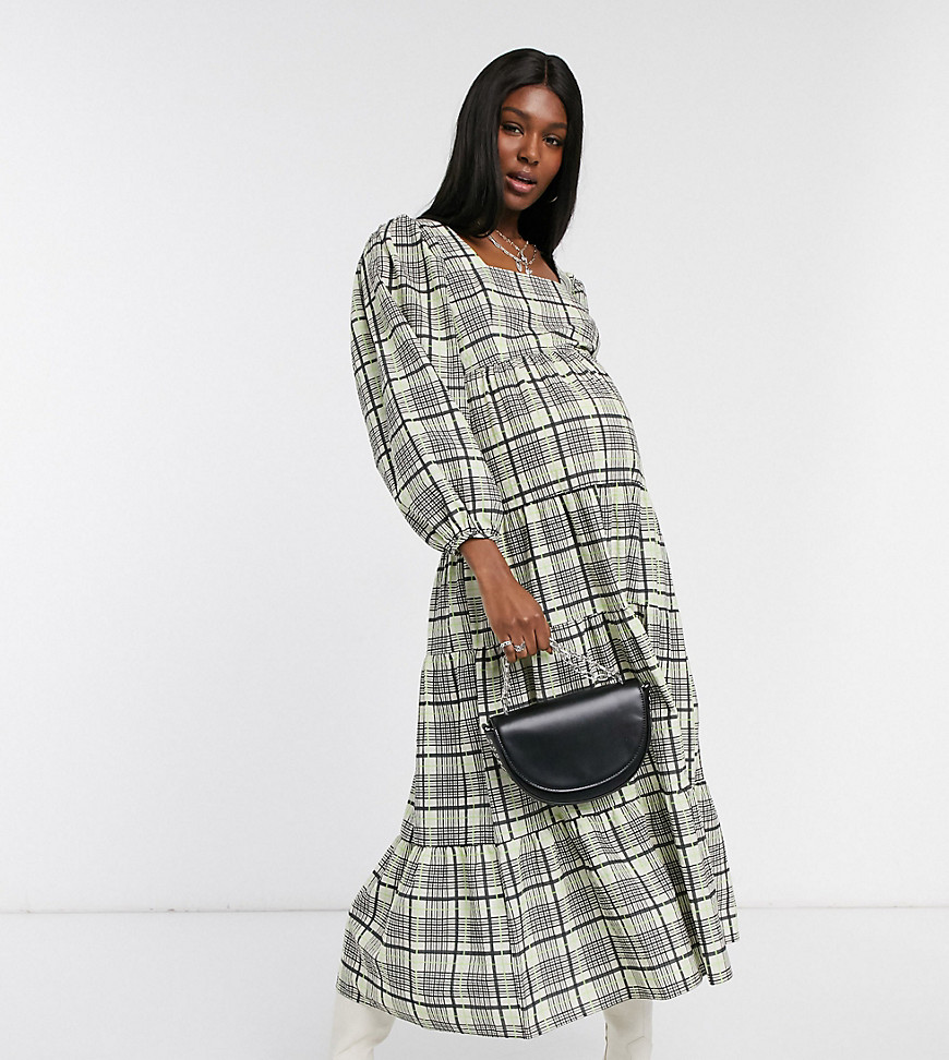Topshop Maternity – Grönrutig panelsydd smockklänning