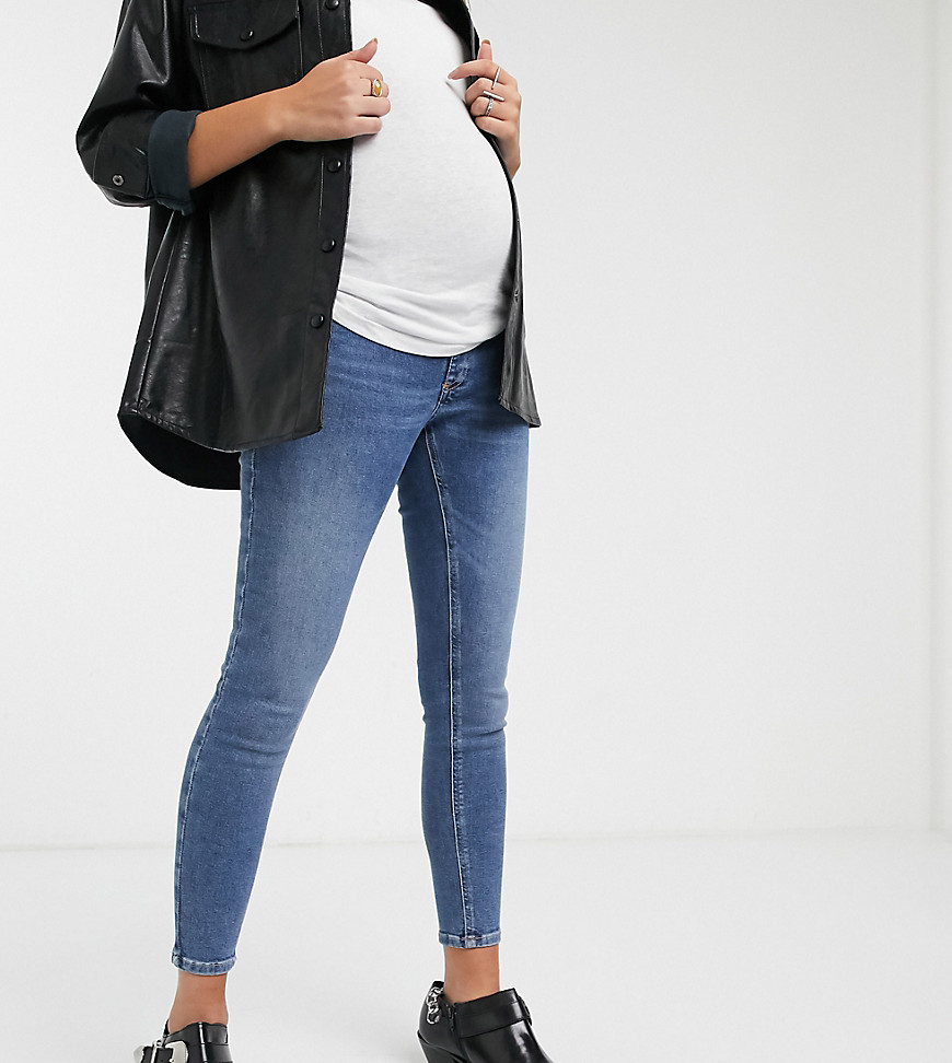 Topshop Maternity – Jamie – Mellanblå skinny jeans som går över magen