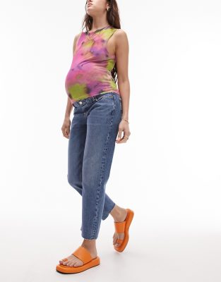 Topshop Maternity overbump straight jeans in mid blue - ASOS Price Checker