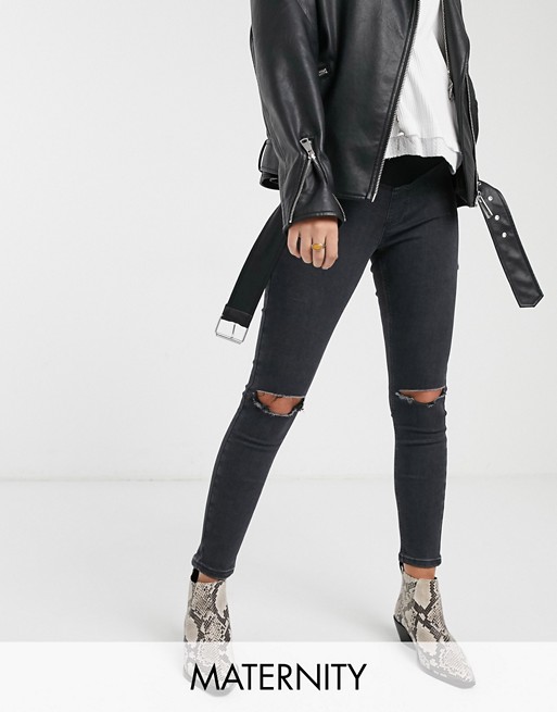 Topshop Maternity Joni overbump skinny jeans with rips in washed black