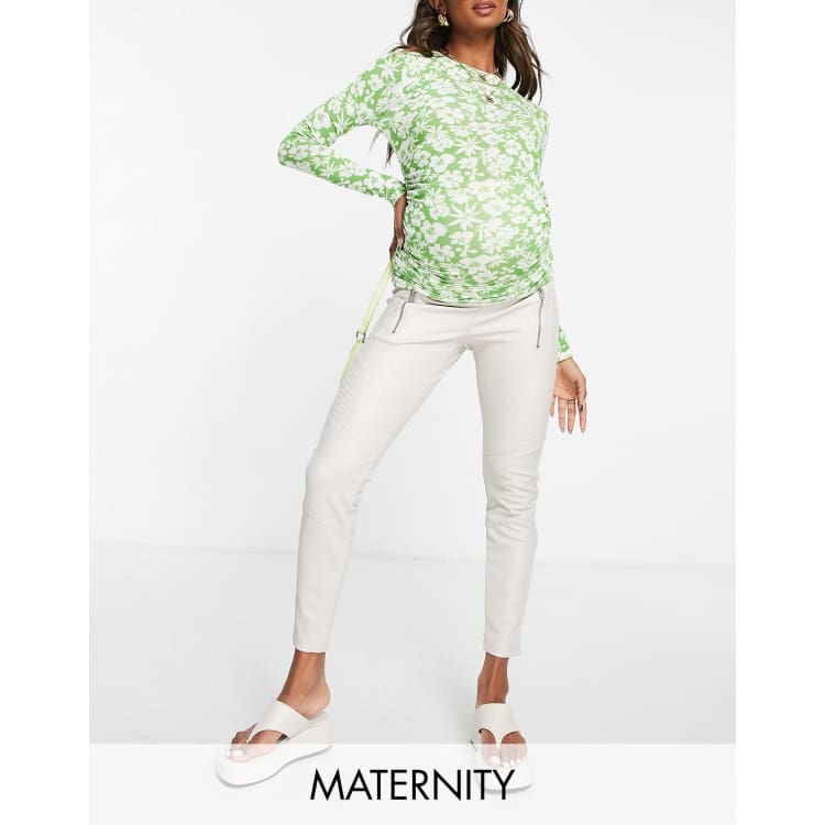 Topshop Maternity leather look biker trouser in ecru ASOS