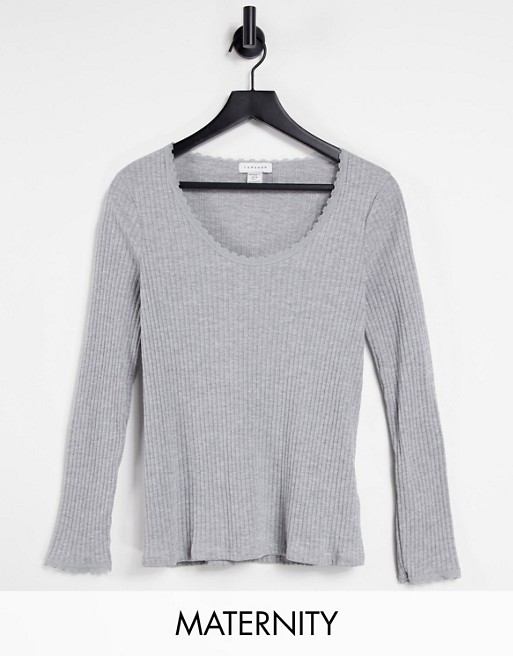 Topshop Maternity long sleeve lace pointelle top in grey