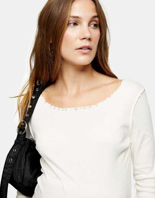 Topshop Maternity long-sleeved lettuce hem T-shirt in white, 3 of 3